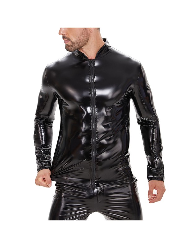 Highlight Men's PVC Patent Leather Sexy Long Sleeve Zipper Jacket Top Leather Coat SX265