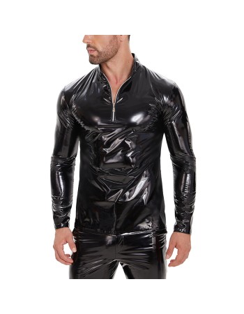 Slim Zipper Mirror Bright Long Sleeve Leather Top Stand-up T-shirt Sexy Men Leather Jacket SX270