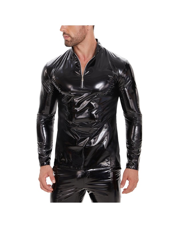 Slim Zipper Mirror Bright Long Sleeve Leather Top Stand-up T-shirt Sexy Men Leather Jacket SX270