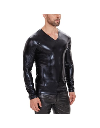 V-neck PU Leather Top Men's Soft Patent Leather T-shirt Long Sleeve Sexy Bright Leather Coat SX260