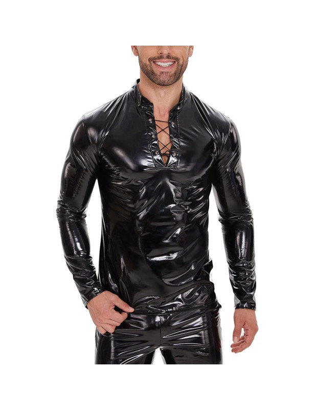 Mirror PU Men's Vest Bright Leather Long Sleeve Leather Jacket Slim Strap Stand-up T-shirt SX269