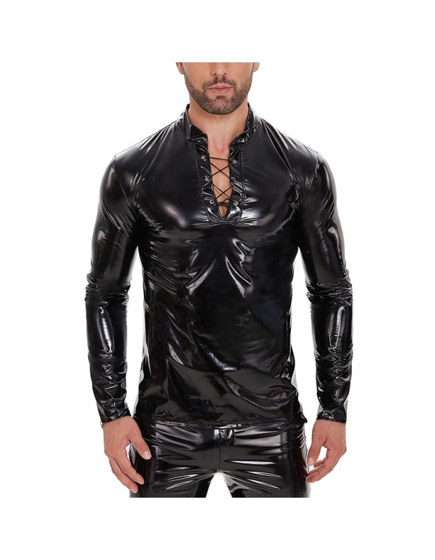 Mirror PU Men's Vest Bright Leather Long Sleeve Leather Jacket Slim Strap Stand-up T-shirt SX269