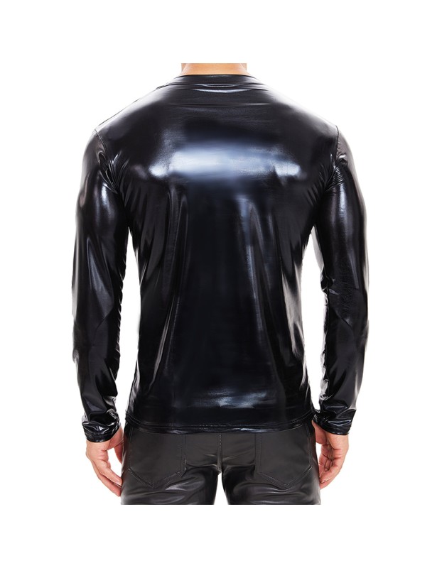 V-neck PU Leather Top Men's Soft Patent Leather T-shirt Long Sleeve Sexy Bright Leather Coat SX260