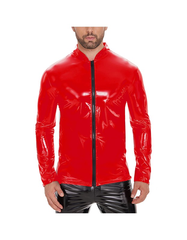 Highlight Men's PVC Patent Leather Sexy Long Sleeve Zipper Jacket Top Leather Coat SX265