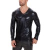 V-neck PU Leather Top Men's Soft Patent Leather T-shirt Long Sleeve Sexy Bright Leather Coat SX260