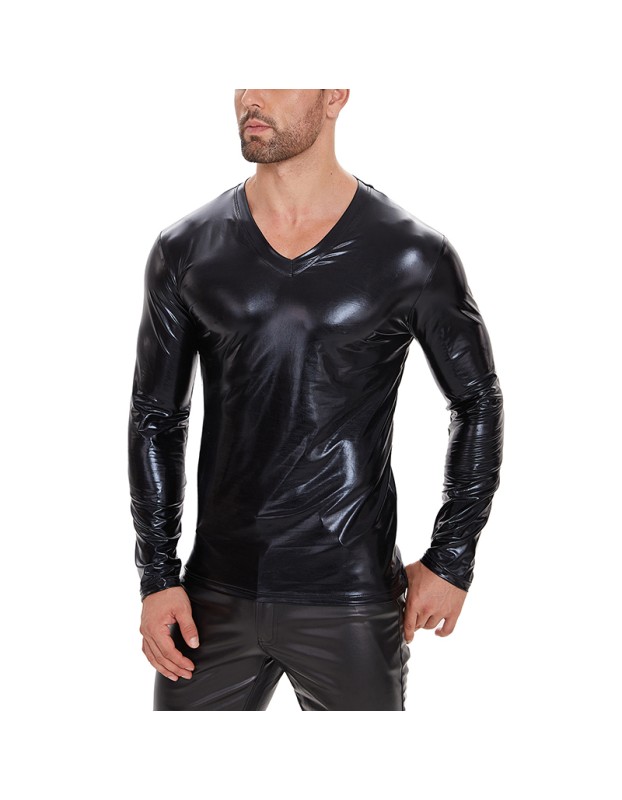 V-neck PU Leather Top Men's Soft Patent Leather T-shirt Long Sleeve Sexy Bright Leather Coat SX260
