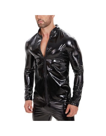 Highlight Men's PVC Patent Leather Sexy Long Sleeve Zipper Jacket Top Leather Coat SX265