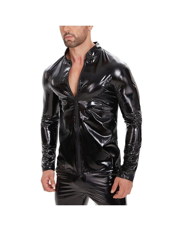 Highlight Men's PVC Patent Leather Sexy Long Sleeve Zipper Jacket Top Leather Coat SX265