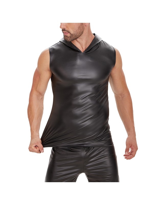 Patent Leather Top Hooded Sleeveless T-shirt Men's Matte Leather Vest Advanced Soft Vest SX261