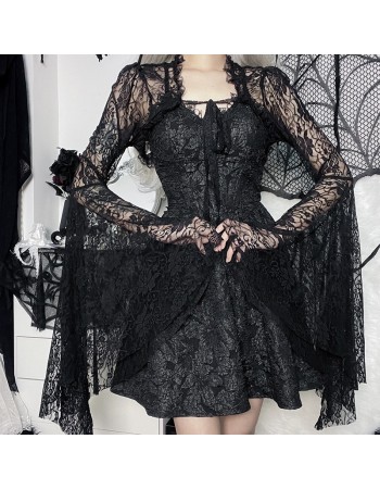 Temperament Dark Vest Top Costume Slimming Wraps Cos Flared Sleeve Lace Short Straps Cardigan XY22128