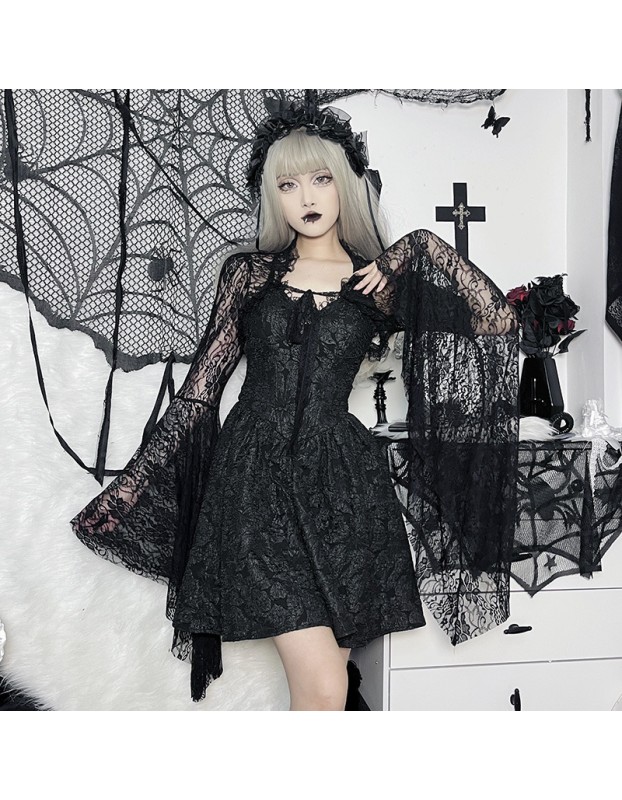 Temperament Dark Vest Top Costume Slimming Wraps Cos Flared Sleeve Lace Short Straps Cardigan XY22128