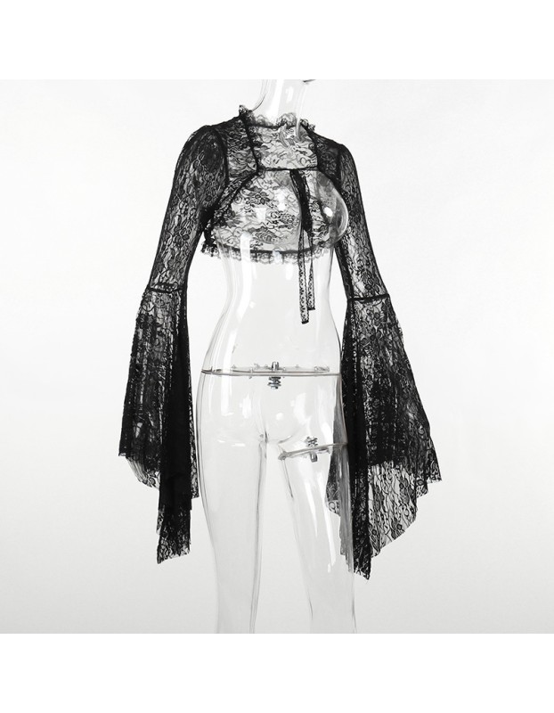 Temperament Dark Vest Top Costume Slimming Wraps Cos Flared Sleeve Lace Short Straps Cardigan XY22128