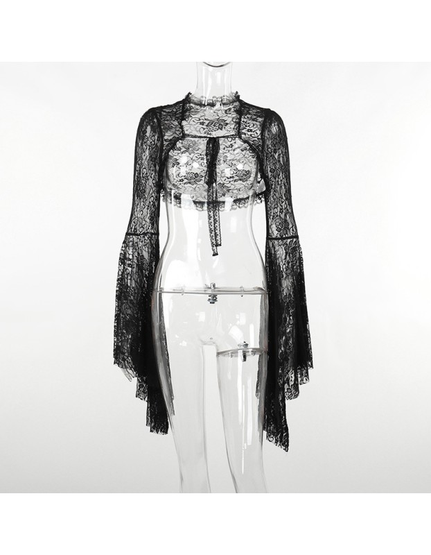 Temperament Dark Vest Top Costume Slimming Wraps Cos Flared Sleeve Lace Short Straps Cardigan XY22128