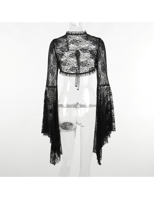 Temperament Dark Vest Top Costume Slimming Wraps Cos Flared Sleeve Lace Short Straps Cardigan XY22128