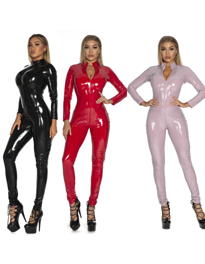 Women Sexy Wetlook Leather Catsuit Zipper Open Crotch Bodysuit XX6783