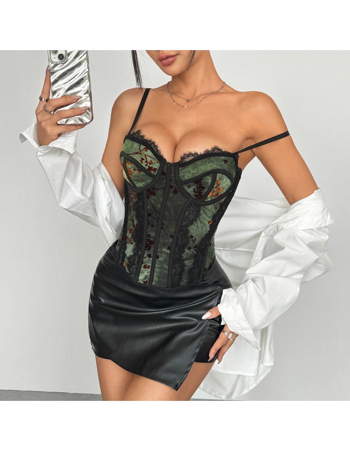 INS retro style mesh printed eyelash lace splicing fishbone underwire strap bodysuit corset underwear A1662