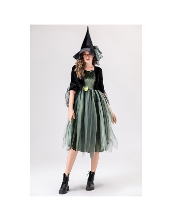 Halloween Adult Green Gauze Witch  Camellia Spider Web Witch Festival Dress Cosplay Costume YM087