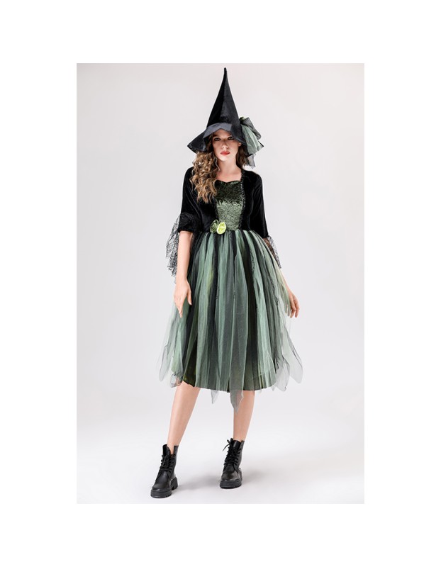 Halloween Adult Green Gauze Witch  Camellia Spider Web Witch Festival Dress Cosplay Costume YM087
