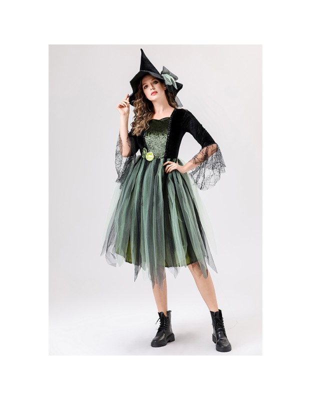 Halloween Adult Green Gauze Witch  Camellia Spider Web Witch Festival Dress Cosplay Costume YM087