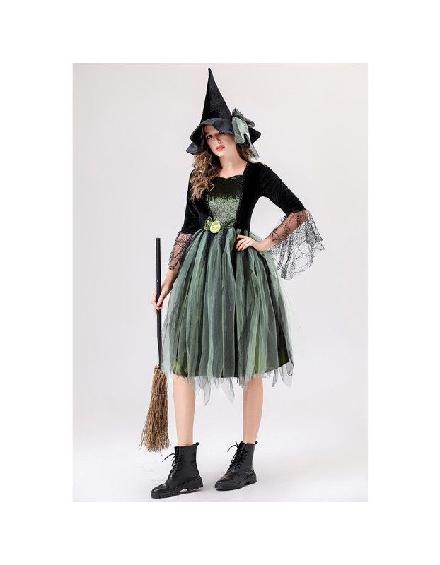 Halloween Adult Green Gauze Witch  Camellia Spider Web Witch Festival Dress Cosplay Costume YM087