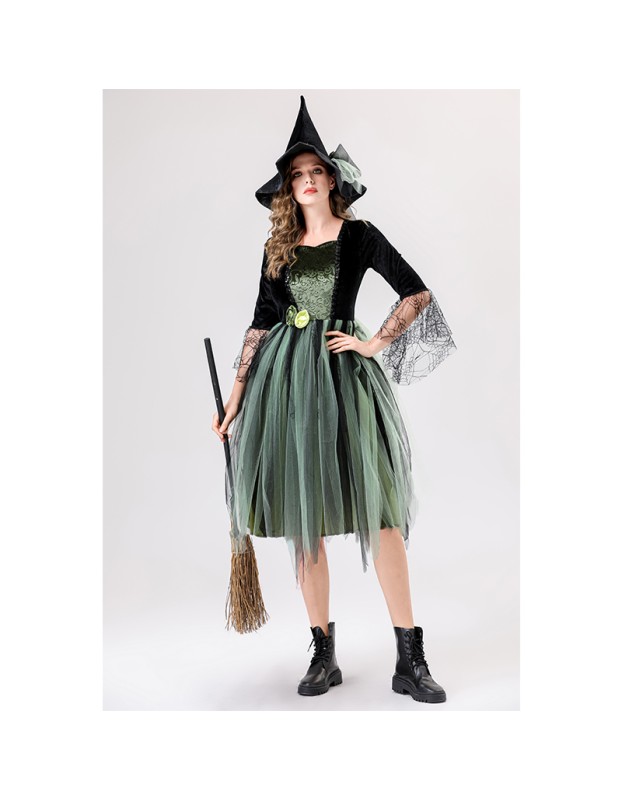 Halloween Adult Green Gauze Witch  Camellia Spider Web Witch Festival Dress Cosplay Costume YM087