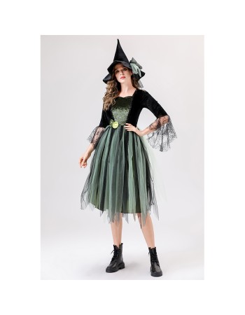 Halloween Adult Green Gauze Witch  Camellia Spider Web Witch Festival Dress Cosplay Costume YM087