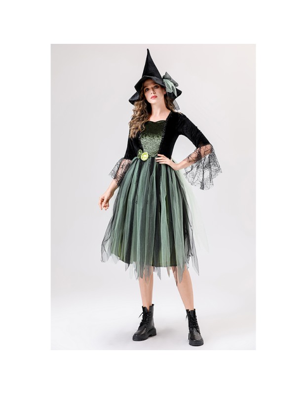 Halloween Adult Green Gauze Witch  Camellia Spider Web Witch Festival Dress Cosplay Costume YM087