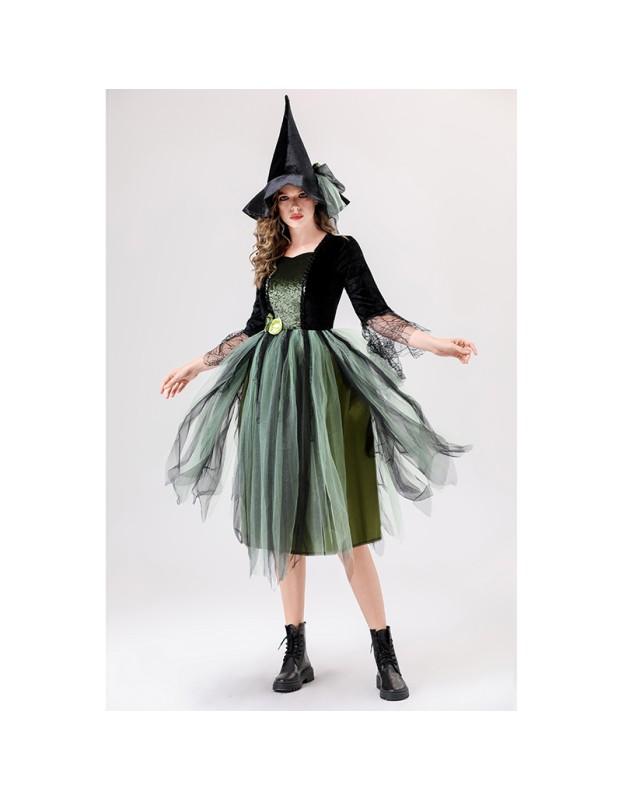 Halloween Adult Green Gauze Witch  Camellia Spider Web Witch Festival Dress Cosplay Costume YM087