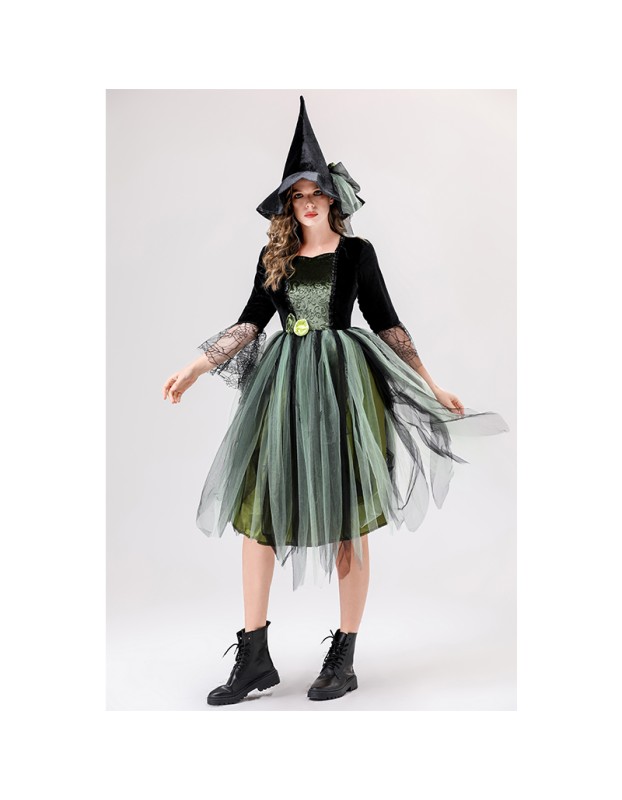 Halloween Adult Green Gauze Witch  Camellia Spider Web Witch Festival Dress Cosplay Costume YM087