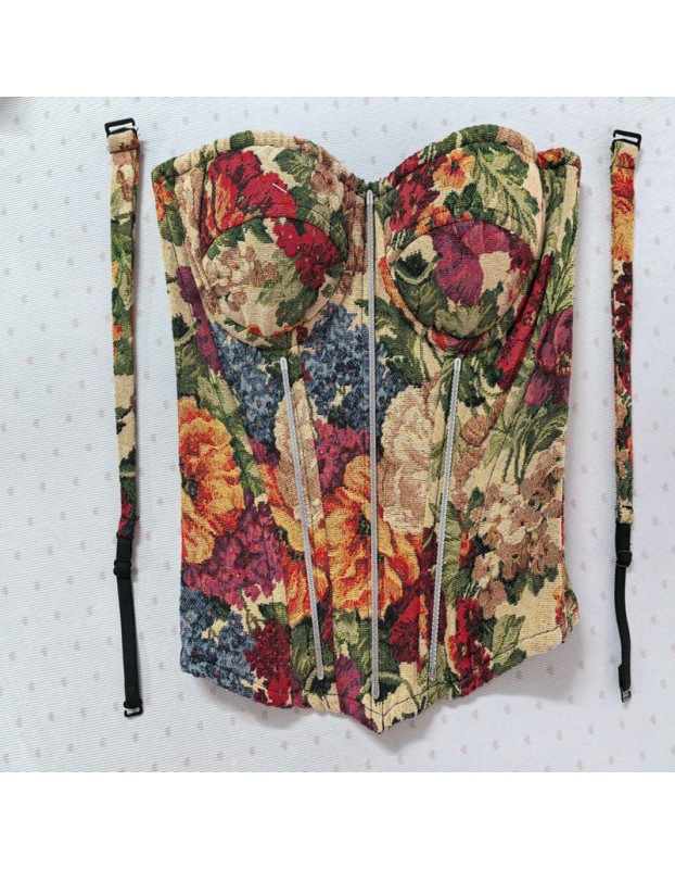 Street Vintage Flower Monet Oil Painting Fishbone Cropped Vest Tight Bodycon Shaping Dress Corset LM043