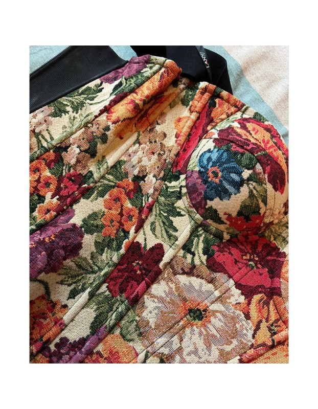 Street Vintage Flower Monet Oil Painting Fishbone Cropped Vest Tight Bodycon Shaping Dress Corset LM043