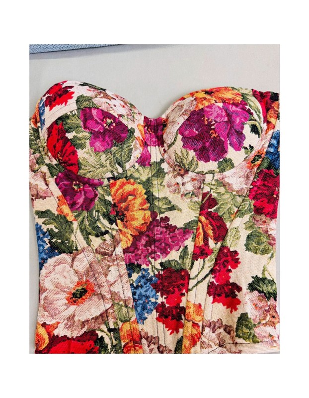Street Vintage Flower Monet Oil Painting Fishbone Cropped Vest Tight Bodycon Shaping Dress Corset LM043