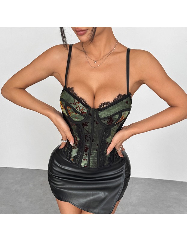 INS retro style mesh printed eyelash lace splicing fishbone underwire strap bodysuit corset underwear A1662
