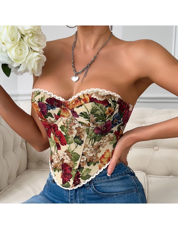 French Style Small Batch Fishbone Vntage Floral Printed Bustier Lace Trimmed And Tied Up Corset 70112