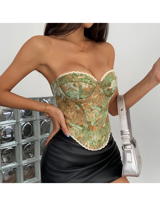 French Style Small Batch Fishbone Vntage Floral Printed Bustier Lace Trimmed And Tied Up Corset 70112