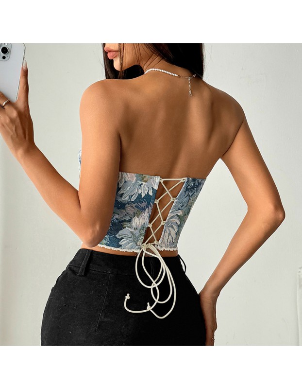 French Style Small Batch Fishbone Vntage Floral Printed Bustier Lace Trimmed And Tied Up Corset 70112