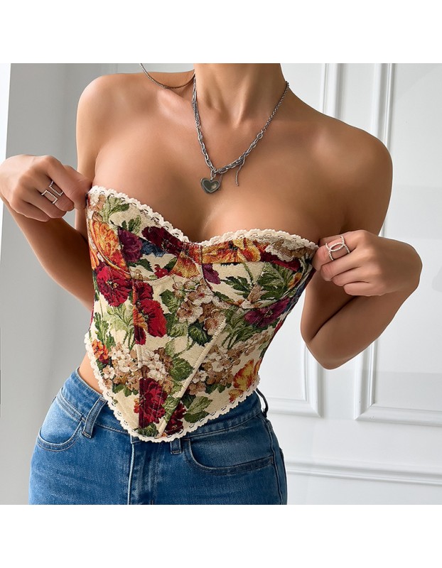French Style Small Batch Fishbone Vntage Floral Printed Bustier Lace Trimmed And Tied Up Corset 70112