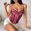 INS retro style mesh printed eyelash lace splicing fishbone underwire strap bodysuit corset underwear A1662