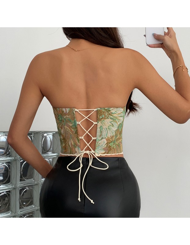 French Style Small Batch Fishbone Vntage Floral Printed Bustier Lace Trimmed And Tied Up Corset 70112