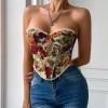 French Style Small Batch Fishbone Vntage Floral Printed Bustier Lace Trimmed And Tied Up Corset 70112