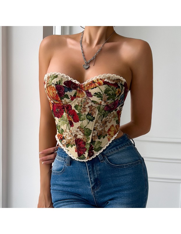 French Style Small Batch Fishbone Vntage Floral Printed Bustier Lace Trimmed And Tied Up Corset 70112