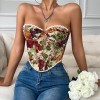 French Style Small Batch Fishbone Vntage Floral Printed Bustier Lace Trimmed And Tied Up Corset 70112