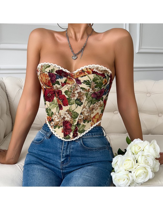 French Style Small Batch Fishbone Vntage Floral Printed Bustier Lace Trimmed And Tied Up Corset 70112