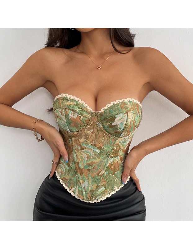 French Style Small Batch Fishbone Vntage Floral Printed Bustier Lace Trimmed And Tied Up Corset 70112