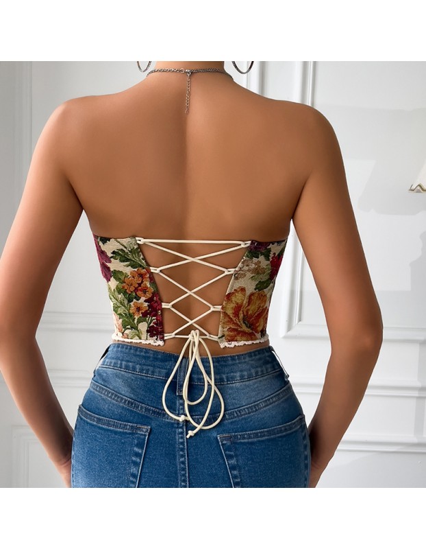 French Style Small Batch Fishbone Vntage Floral Printed Bustier Lace Trimmed And Tied Up Corset 70112