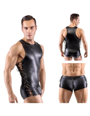 Erotic Underwear Men's Patent Leather Suit Sexy Black Strappy Vest Shorts Bar Performance N818