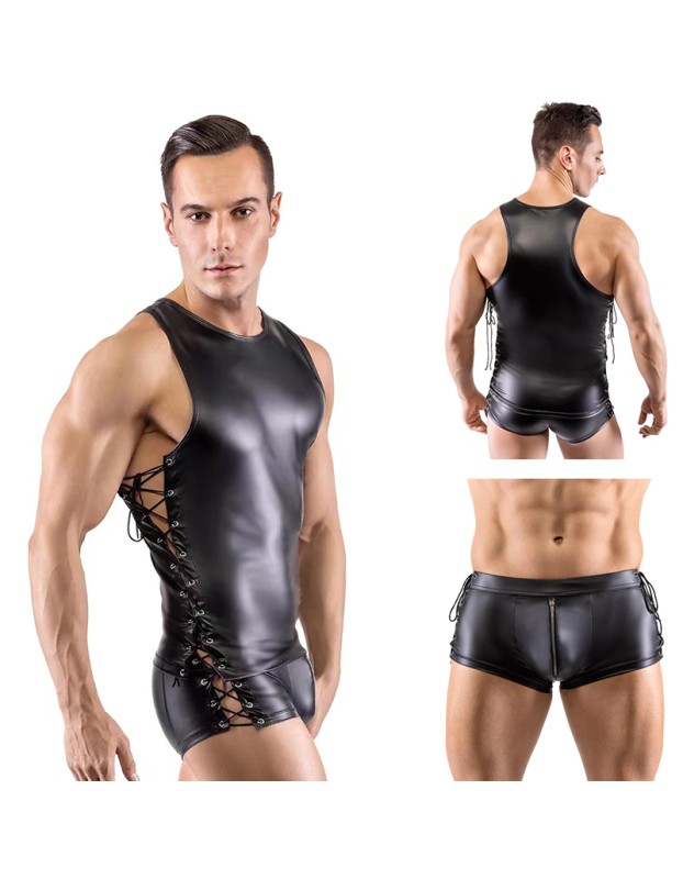Erotic Underwear Men's Patent Leather Suit Sexy Black Strappy Vest Shorts Bar Performance N818