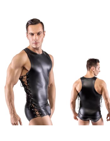 Erotic Underwear Men's Patent Leather Suit Sexy Black Strappy Vest Shorts Bar Performance N818