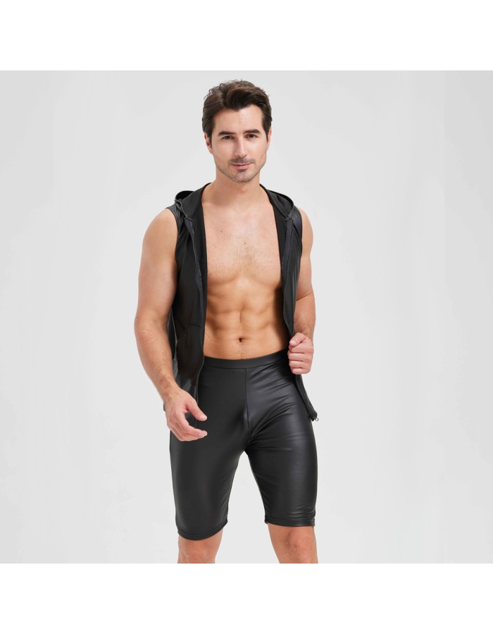 Sexy Shiny Men's Suit Vest Jackets Sporty and Casual Men's Leather Hooded Vests N837