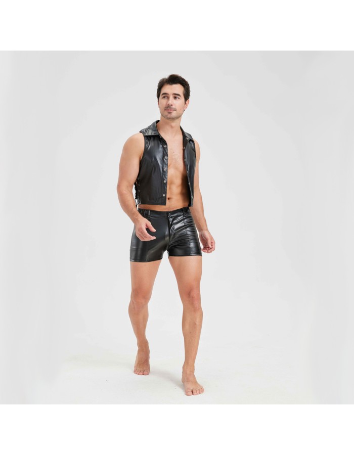 Sexy Men Vest Nightclub Stage Costume Men's Sexy Lingerie Black Patent Leather Vest and Shorts N843
